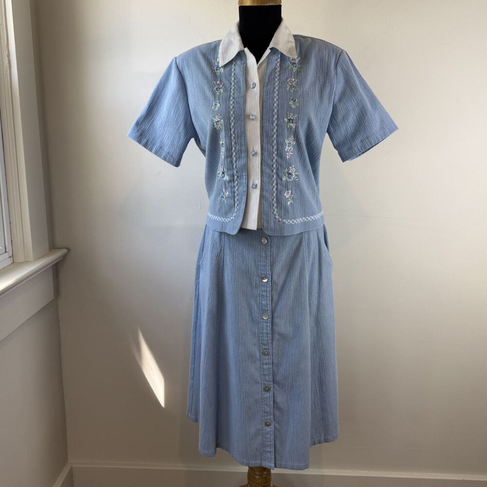 Vintage Cottagecore 2-Piece Midi Skirt Set | Embroidered Floral Blue Midi & Top
